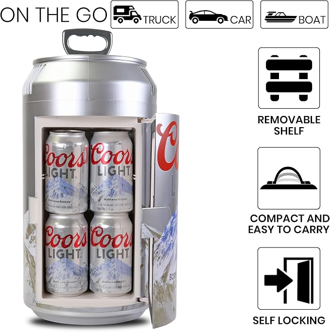 Koolatron Coors Light Mini Fridge - Refrigerator for Bedroom Office, Portable Table Top Beverage Cooler, 12V 110V Refrigerador For Drinks, Soda, Wines, Use In Car, Dorm, Outdoor, 8 Can