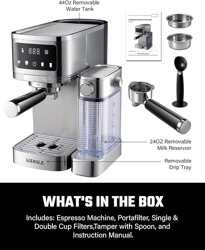 KIDISLE 20 Bar Espresso Machine with Automatic Milk Frother, Cappuccino & Latte Maker, Dual Boiler Coffee Machine (1350W + 1000W), 44oz Water Tank, 24oz Milk Reservoir, Touchscreen, Stainless Steel