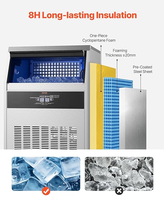 VEVOR Commercial Ice Maker Machine, 160lbs/24H Ice Maker Machine with 66lbs Storage Capacity, 80 Ice Cubes in 15 Minutes, LED Digital Display Freestanding Self-Cleaning for Bar Office Restaurant