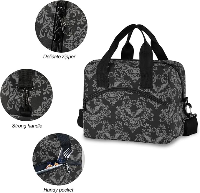 Goth Bat Insulated Lunch Bag Reusable Lunch Tote Bag Cooler Bag for Women Men Adult Lunch Box with Adjustable Shoulder Strap Leakproof Lunch Bag for Work Picnic Camping