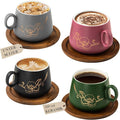 Yundu 10oz Cappuccino Cups & Wooden Saucers Set with Gold Floral Art, Latte Art Cup for Espresso, Coffee & Tea, Modern Matte Ceramic Tea Cup Set of 4