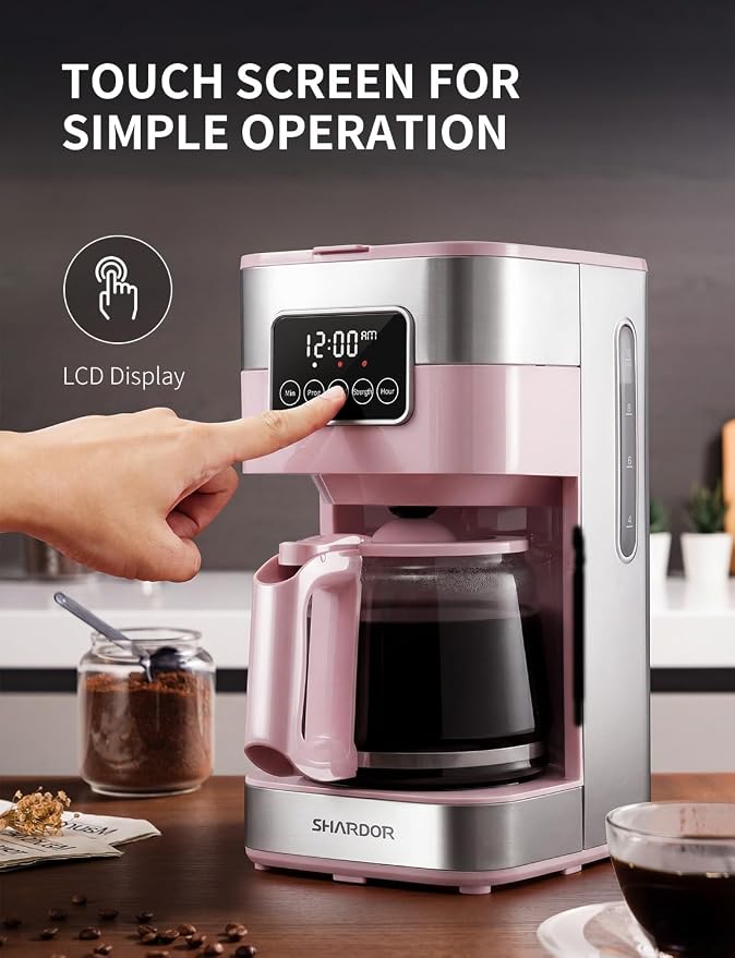 SHARDOR 10-Cup Programmable Coffee Maker, Regular & Strong Brew Drip Coffee Machine for Home and Office, Auto Shut Off, Permanent Filter (pink)