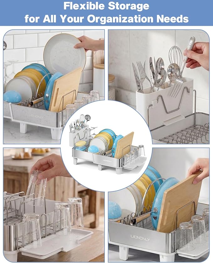 Dish Drying Rack, 304 Stainless Steel Expandable Dish Rack with Adjustable Drain Spout, Large Capacity Dish Drainer with Utensil Holder, Cup Holder and Cutting Board Rack for Kitchen Counter, White
