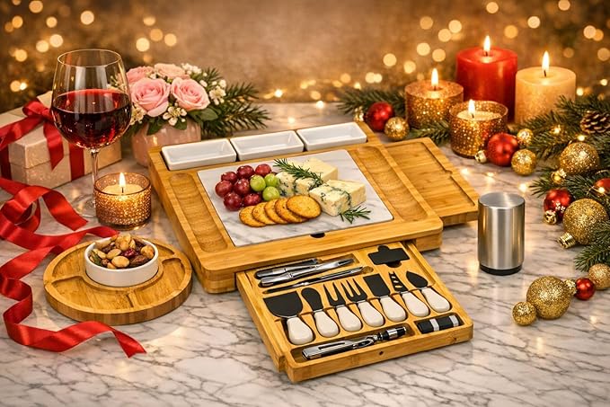 Charcuterie Board Set with Drawer & Bowls, Bamboo Cheese Board with Knife Set & Stainless Steel Bottle Opener, Large Serving Board for Entertaining, Housewarming & Wedding Gifts
