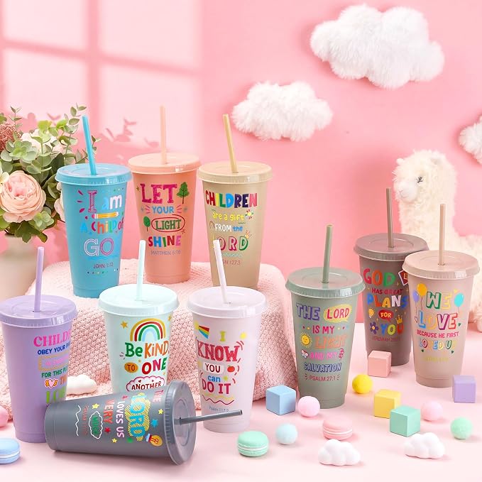 Uiifan 30 Pcs Morandi Christian Cups for Kids, Vacation Bible School Gifts 24oz Pastel Reusable Plastic Tumblers with Lids Straws, Neutral Bible Verse Party Cups for Sunday School, Classroom, Holiday