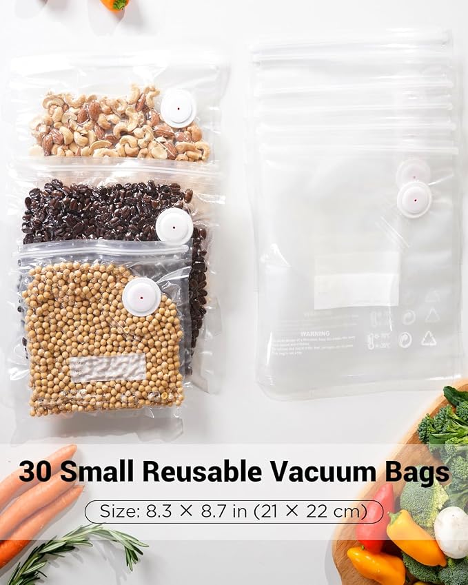 Reusable Vacuum Seal Bags for Food, 30 Pack Small BPA-Free Storage Bags, Leak Proof, Odor Resistant, Freezer & Microwave Safe, Heavy Duty Bags for Meat, Fruits & Dry Goods, 8.27 x 8.66 in