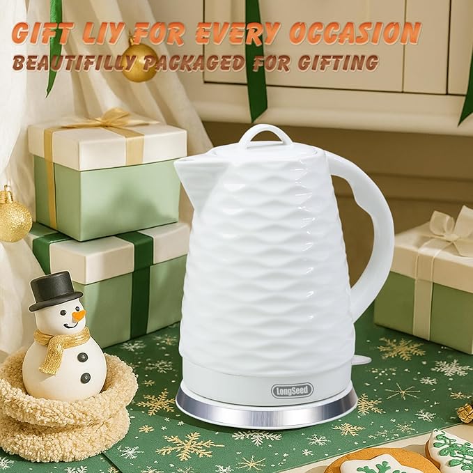 Ceramic electric kettle,1.5L/1000w, white electric tea kettle， Automatic Shut-Off, BPA-Free, Boil-Dry Protection, suitable for coffee, tea, quick boiling, with wave texture design
