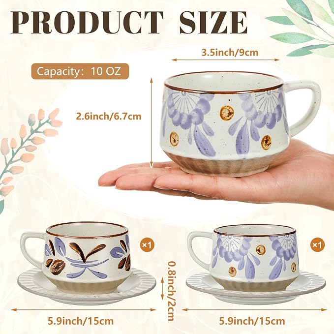 LemonRoad Vintage Tea Cup and Saucer Set of 2, 10oz Porcelain Coffee Mugs with Saucer for Latte Mocha Cappuccino Ceramic Teacups for Housewarming Wedding Gifts Kitchen Table Decor