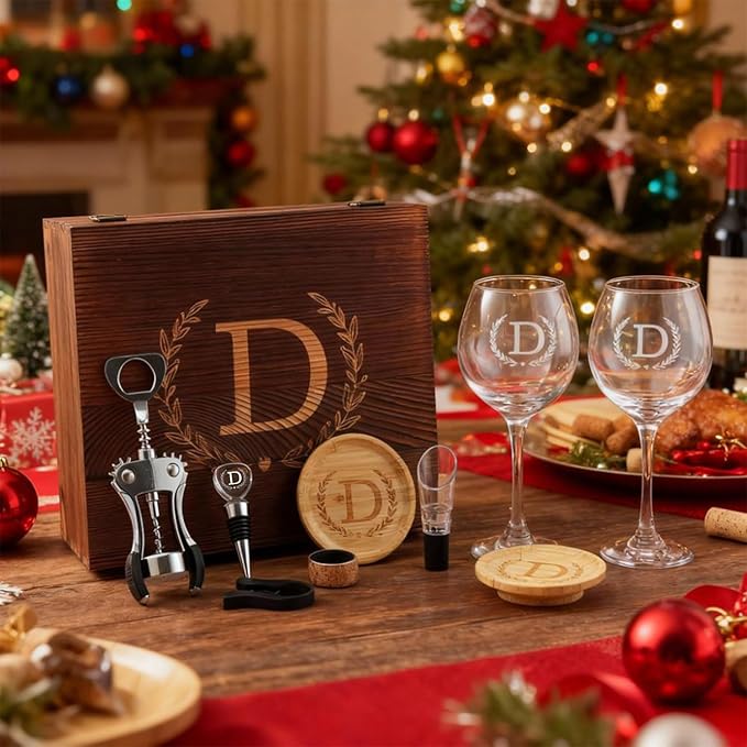 GZLDGIFTS Personalized Initial Wine Glasses Box Gift Set For Women Mom Engraved Birthday Monogrammed Wooden Christmas Gifts Wedding Anniversary Wine Couples Stopper Opener Initial Letterr (V Set)