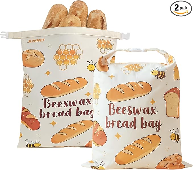 2 Pack Natural Beeswax Food Wraps, Reusable Organic Cotton Bread Bags with Honeycomb Texture, Plastic Free Storage for Sourdough, Freezer Safe, 12.6x17 Inches | Longer freshness, Food-safe contact, Self-sealing design, Plastic-free, Easy to clean, Brea...