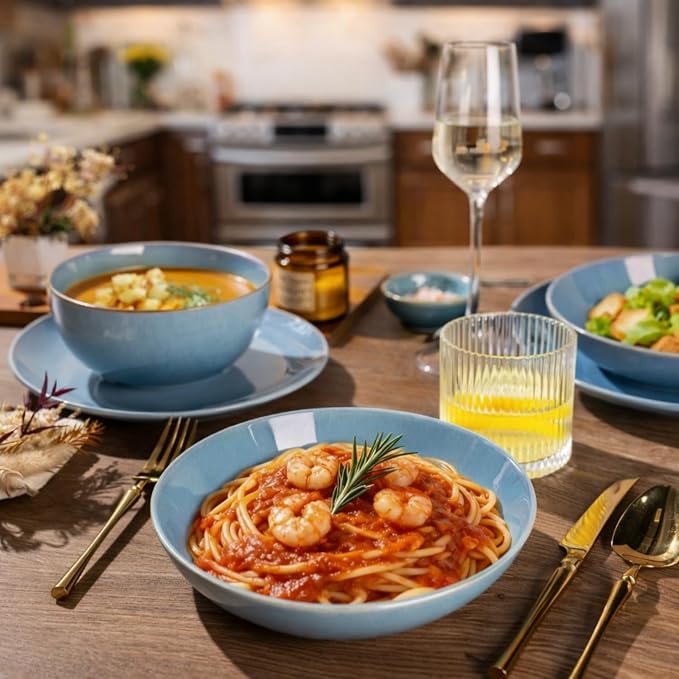 GBHOME Dinnerware Sets with Double Bowls for 6, 24 Pieces Stoneware Plates and Bowls Set, Scratch Resistant Ceramic Dishes Set, Dishwasher & Microwave Safe-Alaskan Blue