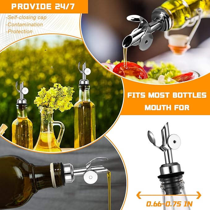 Blulu 24 Pcs Olive Oil Bottle Spout Stainless Steel Oil Dispenser Spout Weighted Liquor Spout Bulk Self Closing Olive Oil Spout Bottle Pourers for Wine Syrup Home Bar Accessories(Silver)