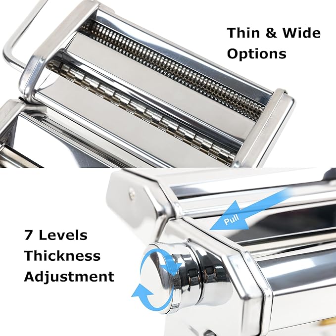 Pasta Maker Machine With 7 Adjustable Thickness Settings, Stainless Steel Manual Noodle Maker,Pasta Roller& Cutters With Removable Handle and Clamp For Kitchen (G-1350+Brush + Sponge)