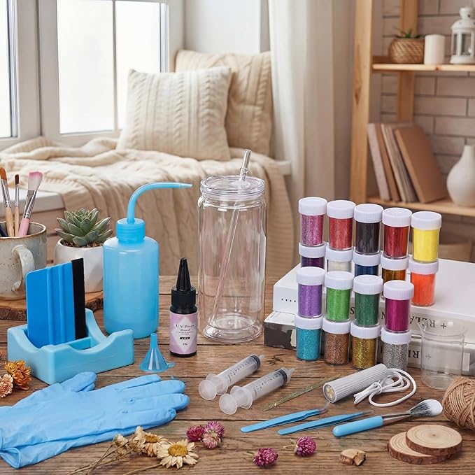 Meanplan 8 Pack DIY Plastic Snow Globe Tumbler Supply Kit 16oz Pre Drilled Double Wall Cup 20 Colors Glitter Squeeze Bottle Funnel Tweezer Syringe Cradle Measuring Cup Flashlight Buffer Glove (Blue)