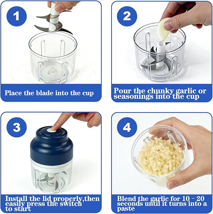 Kuars Gvni Garlic Chopper Wireless Electric Garlic Mixer with Press High-Speed Blending 11.26oz Rechargeable Portable Blender for Kitchen (Blue)