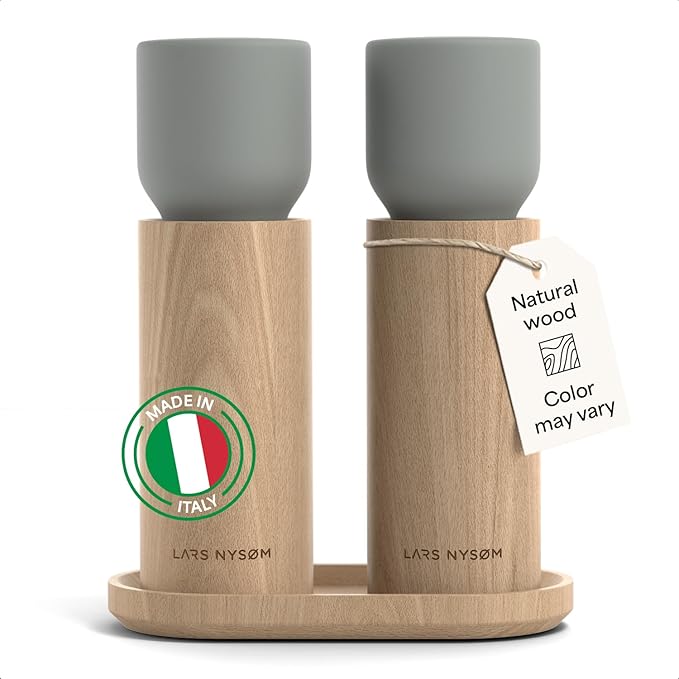 LARS NYSØM Wooden Salt and Pepper Grinder Set Manual with Tray - Salt and Pepper Mills with Adjustable Ceramic Grinder - Elegant Beechwood Pepper and Salt Mill Set for Dining Table (Ash Gray)