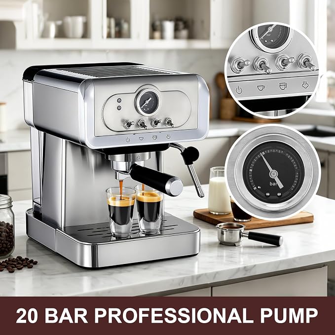 Espresso machine 20 Bar, Espresso Maker with Powerful Steam Milk Frother, Stainless Steel Coffee Machine with Fast Heating System for Latte, Cappuccino