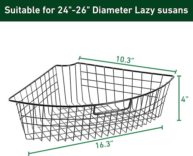 Leeden Lazy Susan Organizer Basket for 24" Diameter Turntable -Metal Organizing Storage Bins (2 Packs) - Black Kitchen Cabinet Storage Organizer - 1/4 Wedge Can Organizer