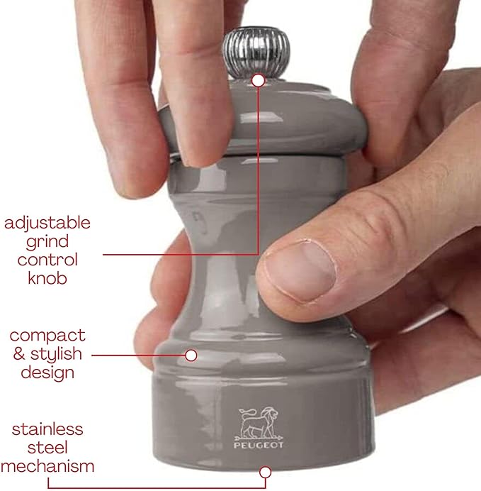 Peugeot Bistro Pepper and Salt Mill Set, 4in - Beechwood Mills with Adjustable Grinding - For Peppercorns and Rock Salt, Corrosion-Resistant - Essential Kitchen Tools (Grey/Pistachio)
