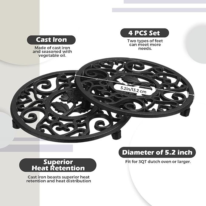 LEIFIDE 4 Pack Cast Iron Trivet with Pegs 5.2 Inch Round Metal Trivet with Vintage Patterns Rustproof Heat Resistant Hot Pot Plate Stand Holder Mat Pad for Kitchen Dining Table, Black