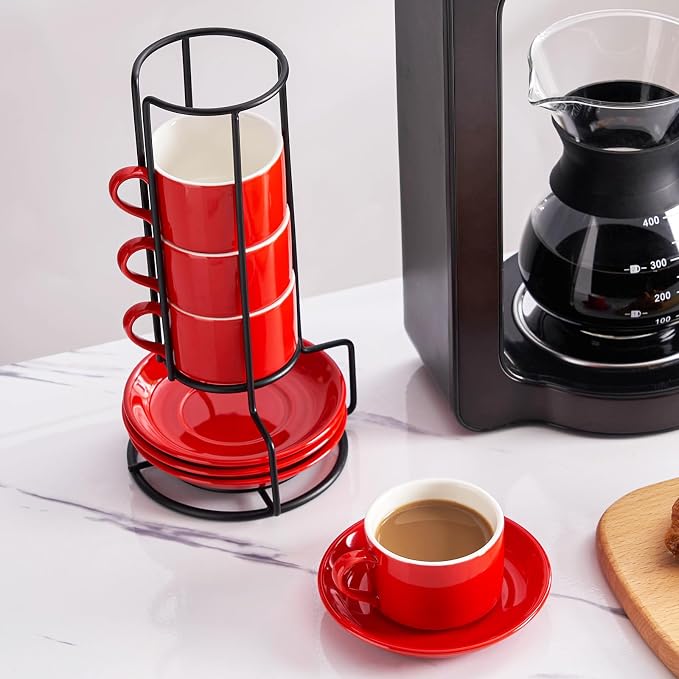 2.5oz Espresso Cups Set of 4, Porcelain Stackable Espresso Cups with Saucers and Metal Stand Set, Red Expresso Shots Cup Set