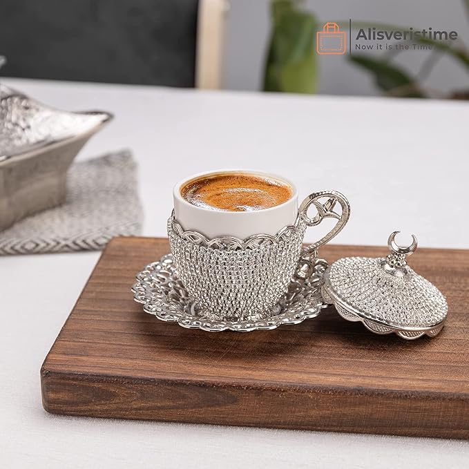Alisveristime Gelincik Crystal Turkish Coffee Cup and Saucer, 1 Cup (Silver)
