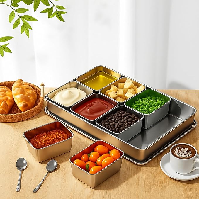 Boao 8 Compartment 304 Yakumi Pans Stainless Steel Mise En Place Japanese Yakumi Tins Seasoning Condiment Container with Lids Spoons for Food Meal Prep Organizer for Kitchen Salad Spices Herbs, Masala