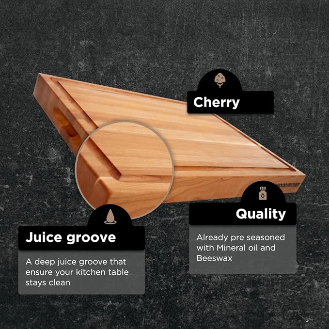 Medium Wood Cutting Board from American Cherry - A Reversible Butcher Block That Comes with Juice Groove for Cutting Meat and Juicy Veggies Easily - Cherry Chopping Board - 16x12x1.5"