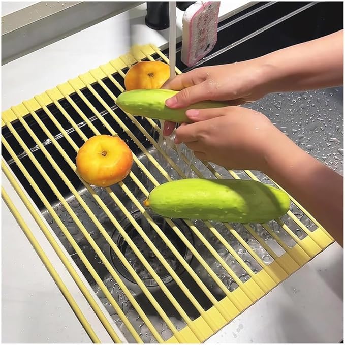 Roll Up Dish Drying Rack，Kitchen Silicone Wrapped Rolling Dish Drainer，Multipurpose Foldable Over The Sink Drying Mat, Heat-Resistant Anti-Slip Drainage Mat(Yellow,52x33cm/20.5x13.0in)