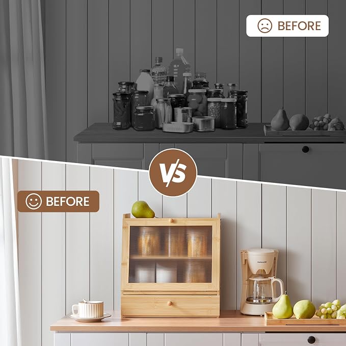 HOOBRO Bread Box, Bamboo Bread Box for Kitchen Countertop, 2-Tier Bread Storage Container with Drawer, Bamboo Food Cabinet with Acrylic Door, for Kitchen, Dining Room, Natural YL21MB01