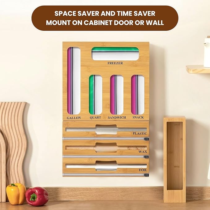 9-in-1 Bamboo Kitchen Drawer Organizer - Storage Bag Holder with Built-In Foil & Wrap Cutter Dispenser - Wooden Food Storage Bag Organizer for Gallon, Quart, Sandwich and Snack Sizes
