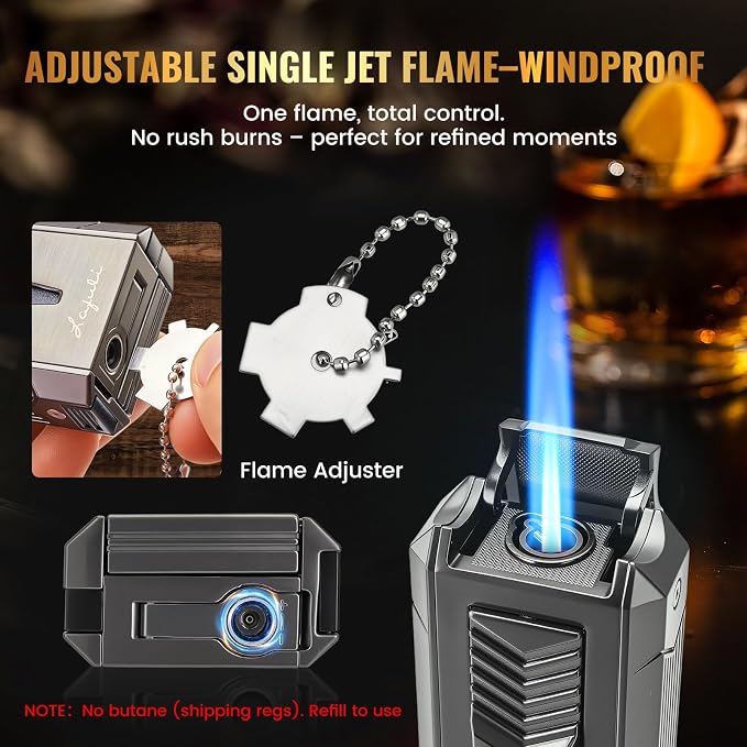 6-in-1 Torch Lighter with Twin Nubber, Auto-Pop V-Shape Clipper, Draw Enhancer, Holder and Punch, Refillable & Adjustable Windproof Butane Lighter, Premium Gift Box for Men & Travel Essential