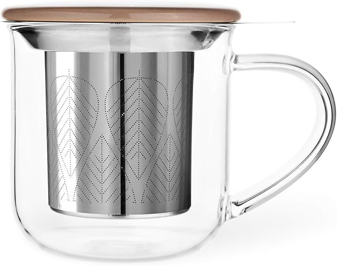 VIVA Minima Eva Glass Tea Cup with Mesh Infuser - Coffee Mug With Porcelain Lid/Saucer - 14 oz / 400 ml, Brown