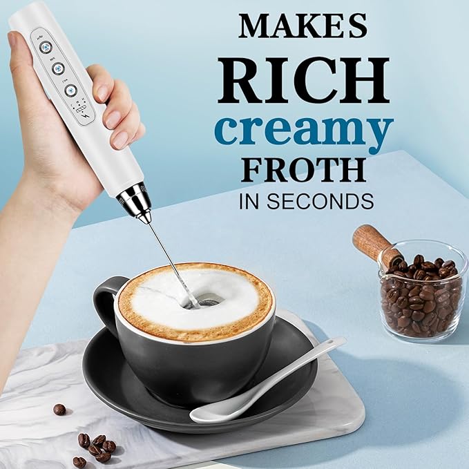 BSRGMS Milk Frother Handheld for Coffee, Electric Whisk 3 Speed Adjustable, Drink Mixer with Stainless 3 Whisks, Rechargeable Hand Frother Wand, Foam Maker for Latte Cappuccino Hot Chocolate Egg White