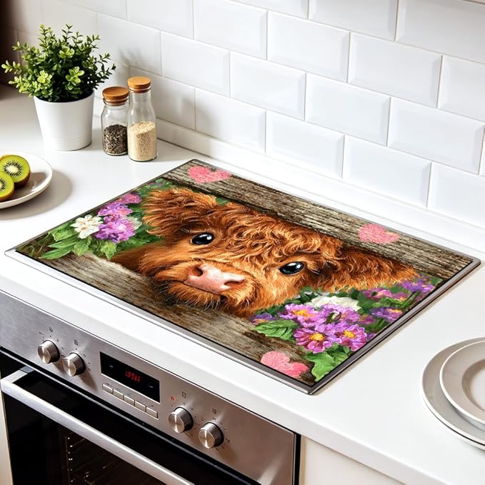 Stove Top Cover for Electric Stove 28.4 x 20.5 Inch Non Slip Stove Mat Oil Proof Floral Highland Cow Glass Cooktop Protector Kitchen Counter Mat