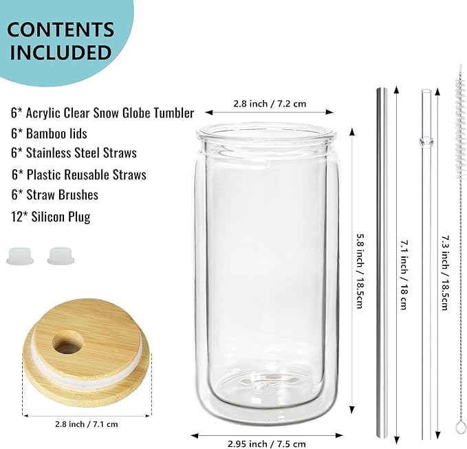 16 oz Acrylic Snow Globe Tumbler Snow Globe Cups Double Wall Snowglobe Tumbler with Pre Drilled Hole Clear Plastic Cups with Bamboo Lids and Straws for Iced Coffee Boba Juice Soda 6 Pack