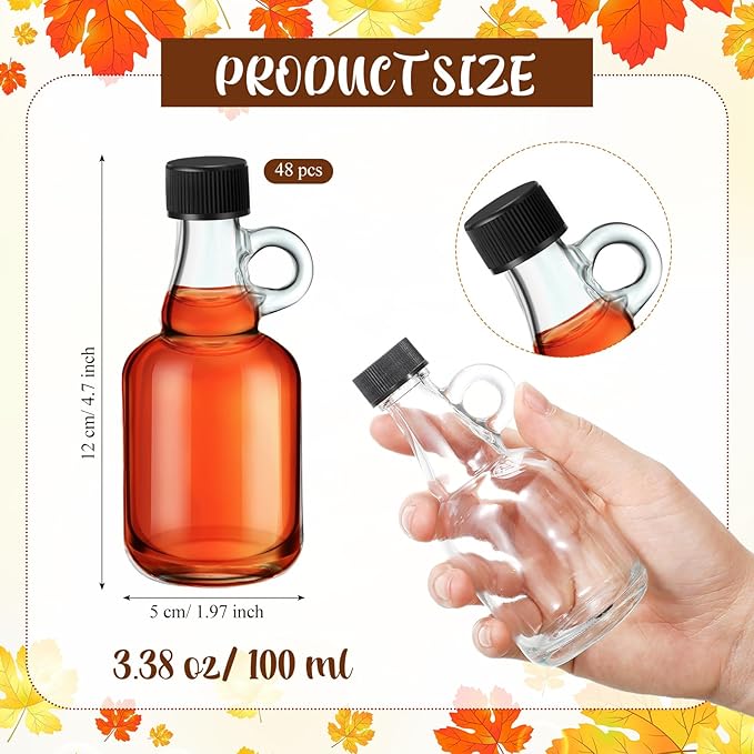 Blushtier 48 Packs 3.4 oz Glass Syrup Bottles with Handle and Black Lids, Mini Maple Syrup Bottles for Party & Wedding Favors Gifts, Honey, Coffee, Juice
