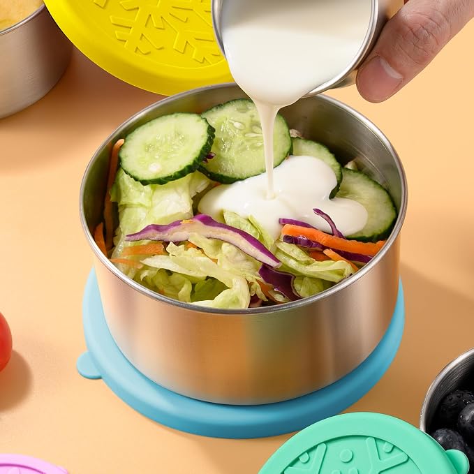 18/8 Stainless Steel Food Snack Storage Containers(5 Pack: 2/4/8/14/24oz) | Stackable, Leakproof Lunch Box with Silicone Lid, for Kids and Toddler Home School Use