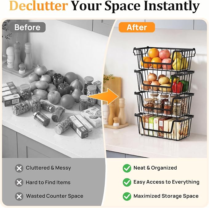SUNALLY Stackable Storage Bins 4 Pcs Wire Baskets for Pantry Organizers and Storage, Vegetable Fruit Storage Basket for Countertop Organizer,Kitchen Baskets for Onion Potato Snack Cans Storage,Black