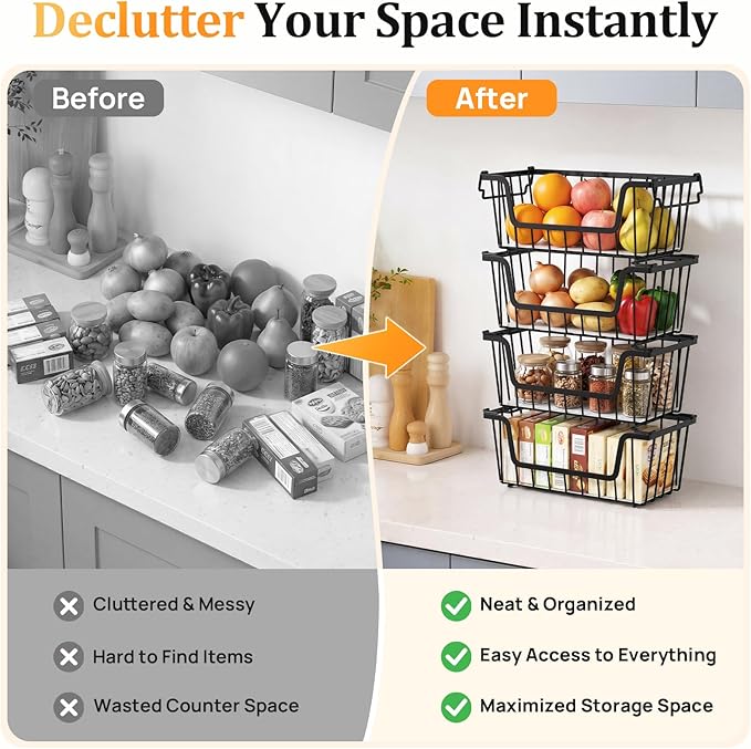 SUNALLY Stackable Storage Bins 6 Pcs Wire Baskets for Pantry Organizers and Storage, Vegetable Fruit Storage Basket for Countertop Organizer,Kitchen Storage Baskets for Onion Potato Snack,Black