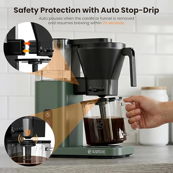 Kismile 8-Cup Coffee Maker, SCA Certified Hot & Cold Brew Coffee Machine, 6-Min Quick Brew, Magnetic Anti-Drip, Adjustable Flow Control, Keep Warm, Dishwasher Safe, DIY Manual Mode, Olive Green