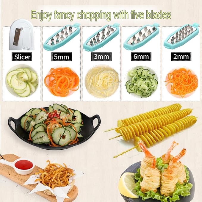 Ourokhome Zucchini Noodle Maker Spaghetti Spiralizer - 5 Blades Vegetable Slicer for Veggie Noodles and Curly Chips, Vegetable Chopper Onion Cutter with Container, Multifunctional Food Chopper