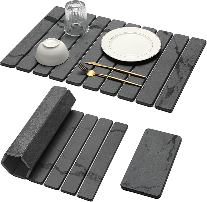 Large Stone Dish Drying Mat for Kitchen Counter, 2PCS Quick Dry Stone Dishes Mat,Foldable Water Absorbing Diatomaceous Drying Organizer Pad for Plates Rack Bottles Utensils(Dark Gray 24"×16" & 8"x4")