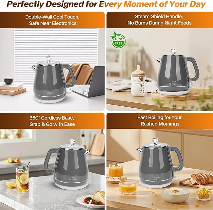 Retro Electric Tea Kettle 1.8L, Stainless Steel Electric Hot Water Kettle for Boiling Water, BPA Free, 1350W Fast Boil, Auto Shut Off & Boil-Dry Protection, Gray