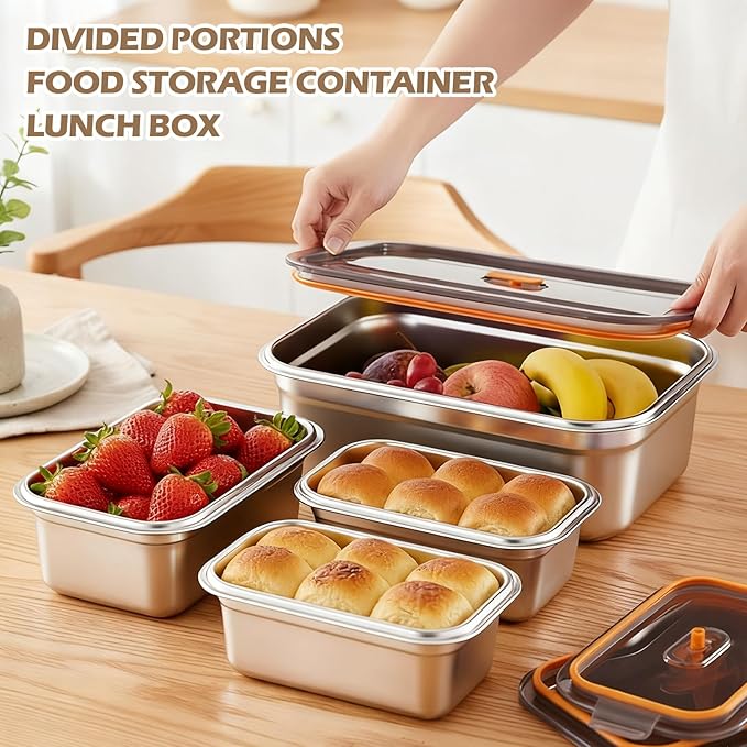 4 Pack Large Stainless Steel Food Storage Containers with Leak-proof Lids 316 Metal Meal Prep Container Lunch Box Freezer Safe Microwave Safe for Meal Prep Bento (41oz, 61oz, 95oz, 128oz)