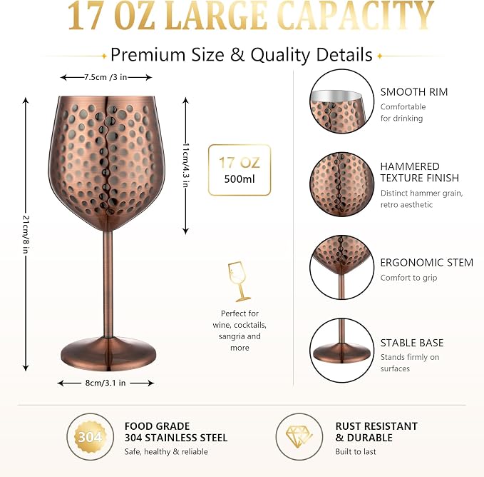 UNISWEET Stainless Steel Wine Glasses Set of 4 Unbreakable (Red Copper) | 17 oz Large-capacity Hammered Goblets, Lightweight & Reusable, Good for Outdoor, Camping, Pool Travel, Gift for Wine Lovers