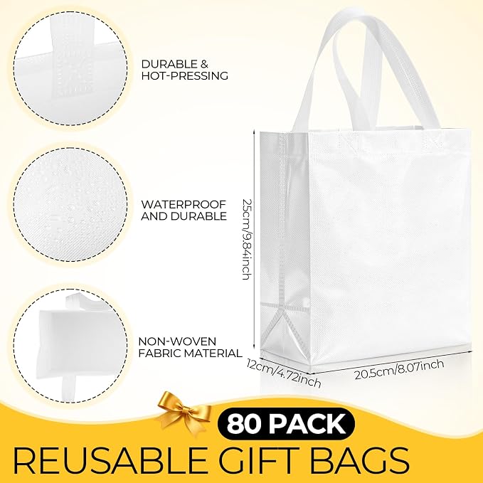 Eccliy Reusable Gift Bags Set Glossy Grocery Gift Tote Bag with Handle for Wedding, Bridal Shower, 4th of July, Summer Event(10 x 8 x 4.7 Inch,White,80 Pcs)