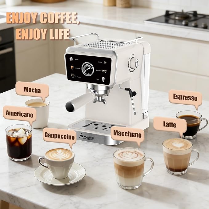 MZRIGG 8023 20 Bar Semi-Automatic Espresso Machine, 1350W Fast Heating Coffee Maker with Milk Frother Steam Wand, 1.5L Removable Water Tank & Cup Warmer, White for Home Office Beginners Baristas