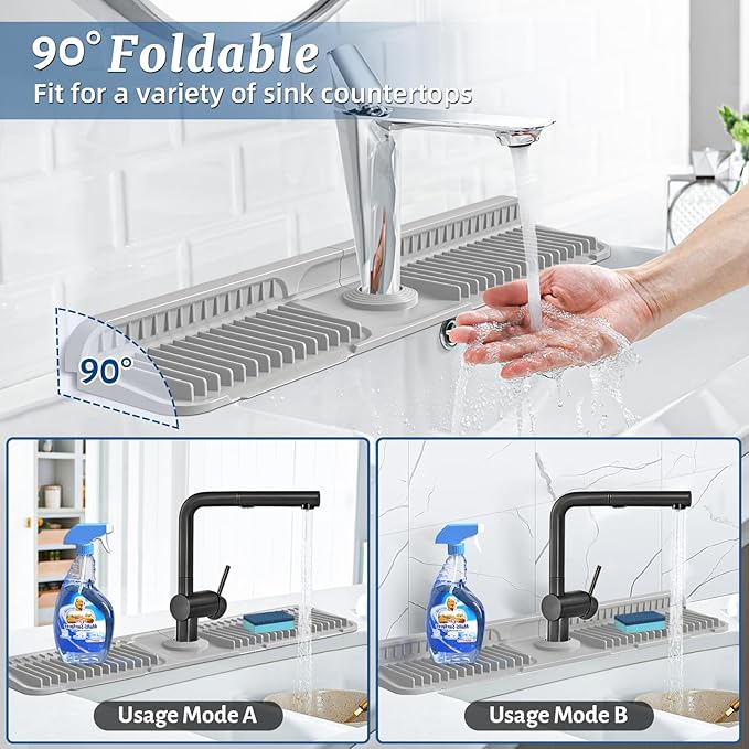PoYang 24 inch Faucet Mat for Kitchen Sink Splash Guard, 7° Slope Silicone Sink Water Splash Guard for Kitchen Sink Area with Snap, Longer Sink Protectors for kitchen Sink Sponge Holder, Light Grey