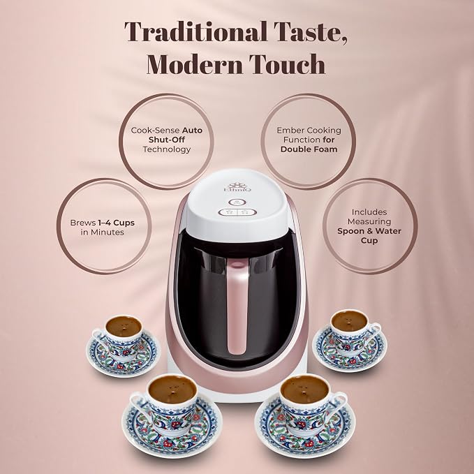 ETHNIQ Turkish Coffee Maker - 100% BPA Free, 120V, 1 to 4 Cup Brewing Capacity with Cook Sense Technology for Delicious Cup of Turkish & Greek Coffee, Turkish Coffee Pot (White)